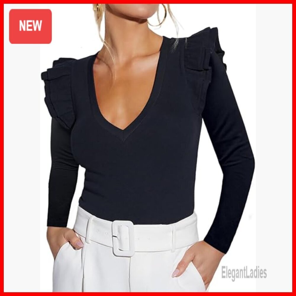 Long Sleeve V Neck Ruffle Blouse Ribbed Knit Top Office Wear
